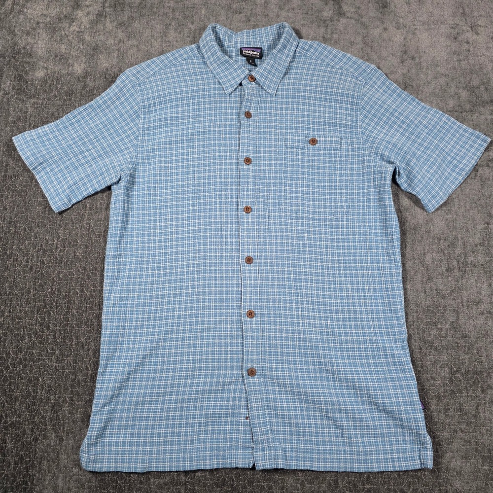 Patagonia Mens M Blue White Grid Organic Cotton Short Sleeve Button Up Shirt